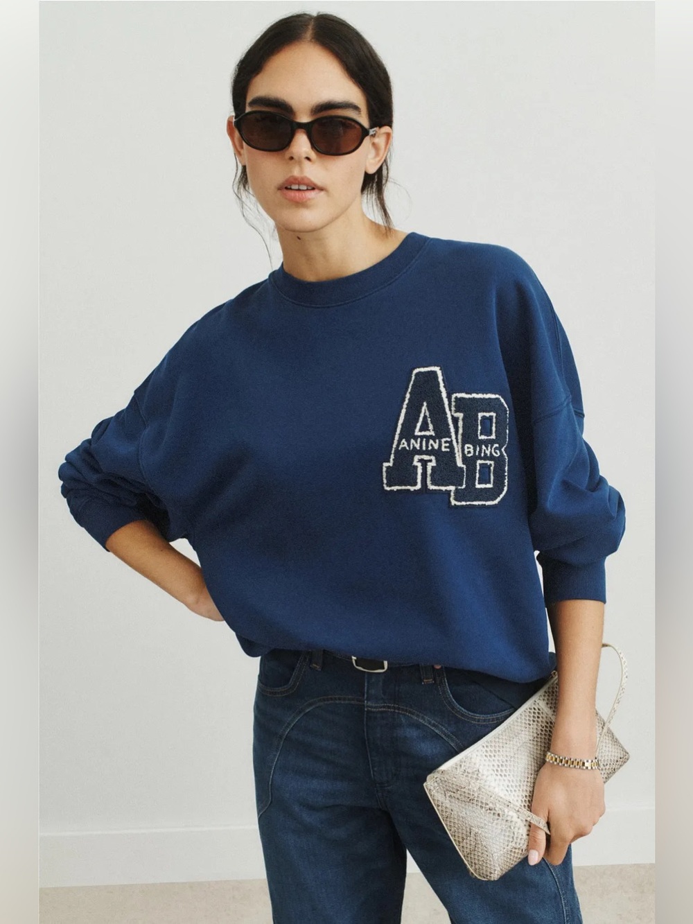 Anine Bing Miles Oversized Letterman Sweatshirt in Washed Navy Blue L